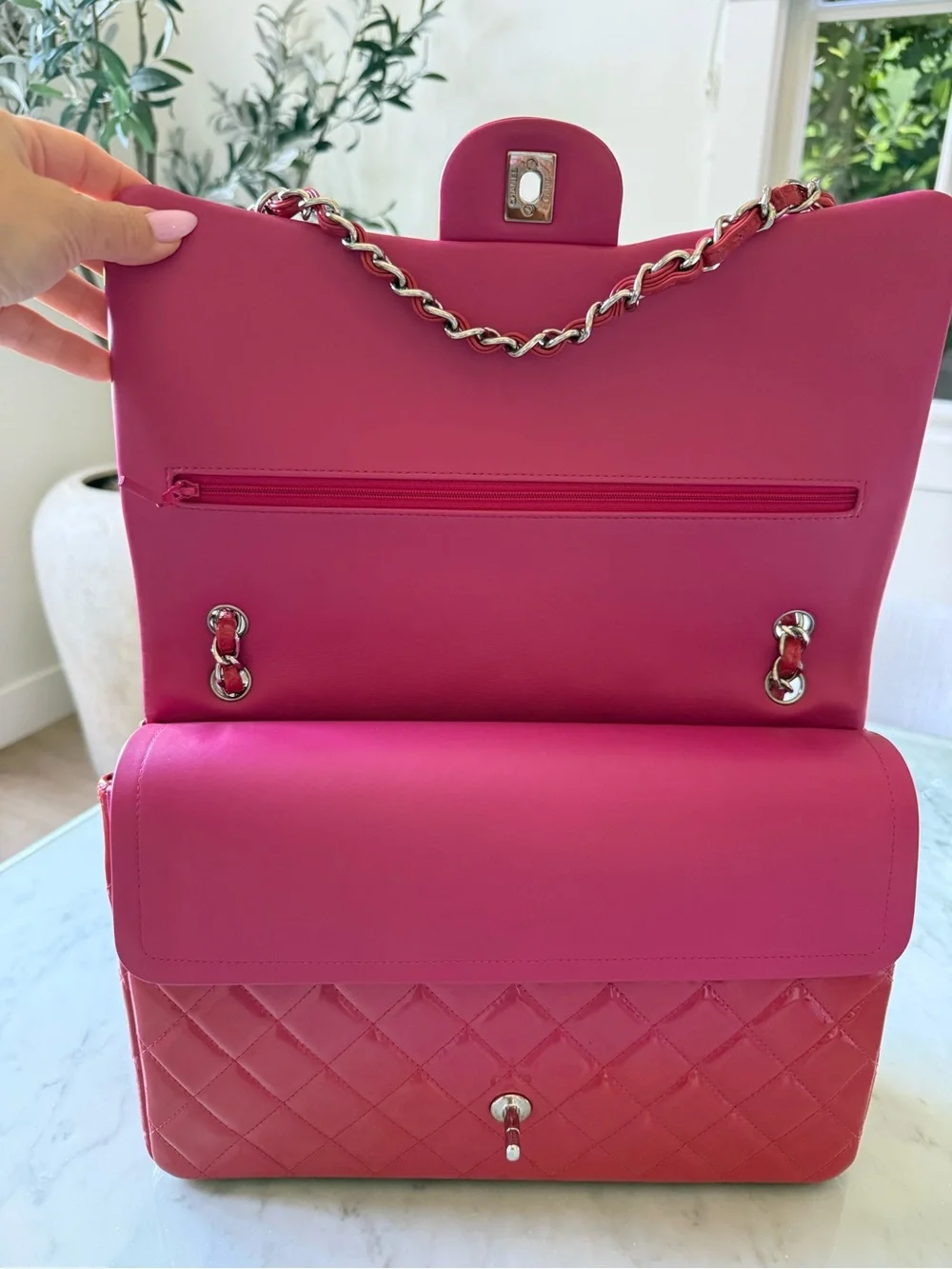 CHANEL Pink Quilted Patent Leather Shoulder Bag with Chain Strap